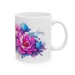 flower mug, peonies mug, floral mug, bright morning mug, graphic design, coffee mug, 11oz mug, gift for her