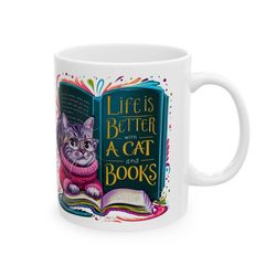 life is better with a cat and books mug, cool coffee white ceramic mug,