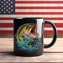 lucky fishing mug, bass fishing mug, big bass mug, mug, black ceramic mug,