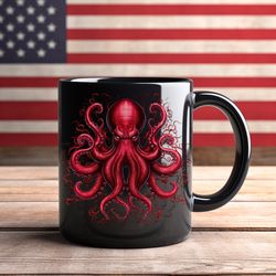 octopus monster mug, cool mug, coffee mug, tea mug, hot chocolate mug, gift for him, gift for her, black ceramic mug,