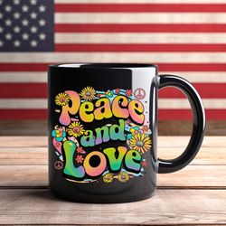 peace and love mug, black ceramic mug, peace mug, love mug, peace and love groovy mug,