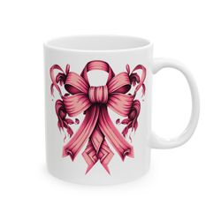 pink coquette bow mug, bow graphic mug, pink bow graphic mug, coquette fashion mug, trendy bow mug, pink ribbon mug