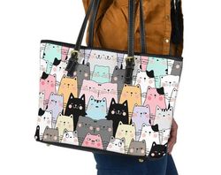 cat kitty leather handbag - shoulder tote bag