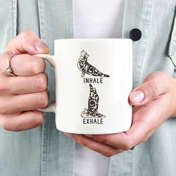 inhale exhale american shorthair cat coffee mug, tabby cat yoga 11oz coffee mugs, funny 15oz mug
