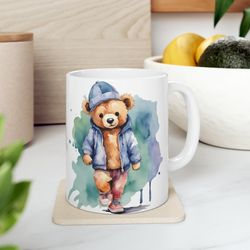 teddy bear with hat mug, watercolor, best seller gift for himher, unique bear mug, mothers day mug, teddybear mug