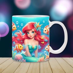 princess ariel mug wrap, 11oz & 15oz mug template, princess mug sublimation design, mug wrap template