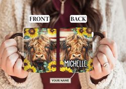 highland cow us flag personalised mug, custom name mug for women, coffee tea mug gift for her, valentine gift for her