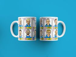 ipswich town vol 3 no score draws mug set, set of two different 11oz ceramic mugs with 24 wonky panini-style doodles mug