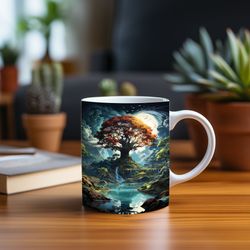 3d autumn fantasy mug with lone tree, nature forest landscape