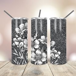 20 Oz skinny Tumbler  Black Glitter Wildflowers, Gift For Lover, Gift For Her