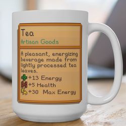 unique rare stardew valley stats tea stats boost energy health mug, pelican town game series coffee