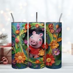 3d peppa pig floral tumbler 20oz cute pig tumbler, birthday gift mug, skinny tumbler, gift for kids, gift for lover