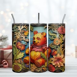 3d winnie the pooh with flower tumbler 20oz the pooh 20oz, birthday gift mug, skinny tumbler, gift for kids, gift for lo