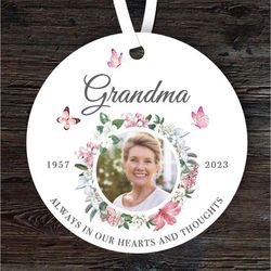 grandma memorial pink floral butterflies photo keepsake gift custom ornament