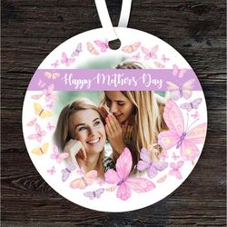 happy mothers day gift pink butterfly photo round personalised ornament