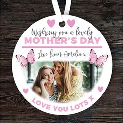 happy mothers day pink butterfly photo gift round personalised ornament