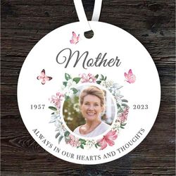 mother memorial pink floral butterflies photo keepsake gift custom ornament