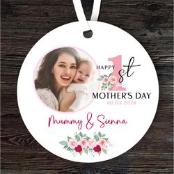 pink floral photo first mothers day gift round personalised ornament