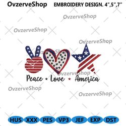 peace love america embroidery instant design, american flag machine embroidery instant files, independence day download