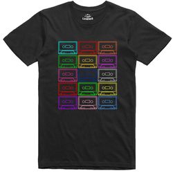 mens t shirt 80s c90 cassette mix tape multi colour retro music top
