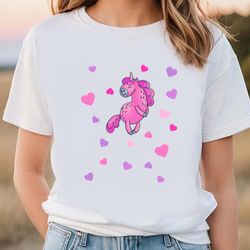 pink unicorn with pink and purple hearts t-shirt