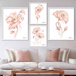 light coral blush botanical wall art, flower print poppy canvas painting, minimalist abstract poster, modern floral art