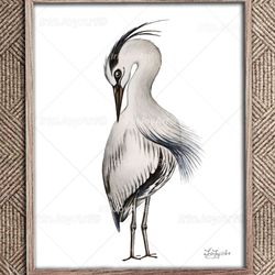 watercolor bird wall decor heron art print by irinjoyart, minimalist coastal tropical animal illustration, modern kids