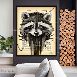 black and white raccoon wall art dictionary book page art, living room bedroom decor, forest animal art print vintage