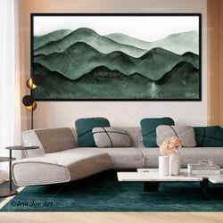 neutral green mountains wall art abstract green panoramic landscape print nature canvas painting, modern home bedroom