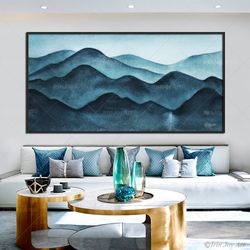 neutral turquoise blue gray wall art modern home decor abstract mountains panoramic landscape horizontal print, nature