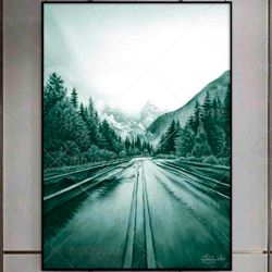 magic landscape picture, english landscape painting neutral pastel green gray travel road wall art poster, original gift