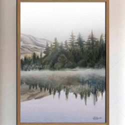 grey green monochrome magic landscape painting foggy mountains pine trees forest neutral modern wall art print nature