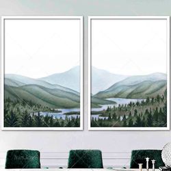 calming rolling mountain hills wall art landscape painting forest river watercolor print set 2, modern neutral decor