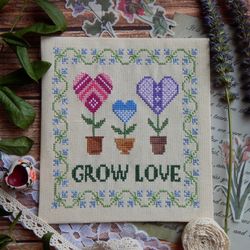 grow love cross stitch pattern by stitchongoodluck valentines day cross stitch pattern with hearts