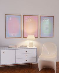 angel numbers 111 222 333 aura poster set of 3 prints, pink aesthetic decor trendy spiritual aura energy 3 piece gradien