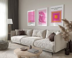 artistic pink gallery wall prints, pink wall art set of 3, matisse print set, yayoi kusama poster, pink block print art,