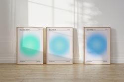 aura poster 3 piece green blue wall art set, grainy gradient poster set of 3 prints, aesthetic room decor, zen wall art