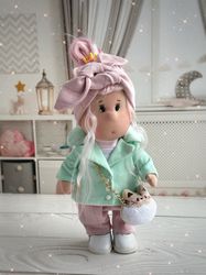 handmade doll. rag doll. tilda doll. gift for friend. doll with clothes and accessories. gift for girl.