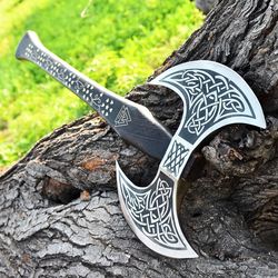 viking axe with two heads, battle axe, and hand-forged steel double blade