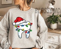 tooth christmas light santa hat shirt, dentist dental hygienist t-shirt, santa hat tooth shirt, gift for dentist