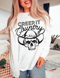 creep it country crewneck western halloween sweatshirt cowboy skeleton shirt let's go ghouls skull sweater cowboy hallow