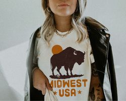 Midwest Unisex Shirt Vintage Western Graphic Tee Wild West America Yellowstone Buffalo The Great Plains Tshirt Dress Ove