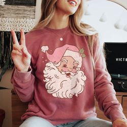 Retro Pink Santa Sweatshirt Comfort Colors Vintage Christmas Crewneck Santa Face Shirt Christmas PJs Santa Sweater Santa