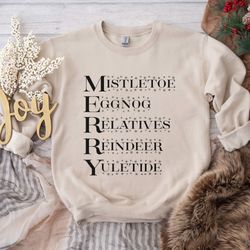 merry holiday christmas sweatshirt, cute winter yuletide crewneck sweat shirt, merry reindeer and eggnog quality gift