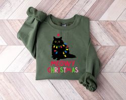 Meowy Christmas Sweatshirt, Cat Christmas Sweatshirt, Cat Lover Xmas T-Shirt, Black Cat Christmas, Cat Mom Gift, Cat Lov