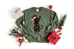 cat christmas lights sweater, black cat christmas shirt, kitten christmas tee, cat owners tee, cat mom xmas tee, womens