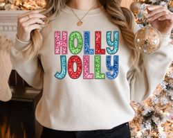 holly jolly colorful sweater, faux embroidery christmas sweatshirt, holly jolly christmas, sequins glitter, christmas sw