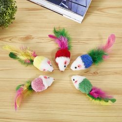 Cute Mini Fleece False Mouse Cat Toys with Colorful Feather - Fun Training Toys for Cats, Kittens, and Puppies
