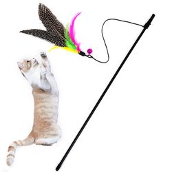 interactive kitten teaser toy with bell and feather - fun pet cat stick wire chaser wand (random color)