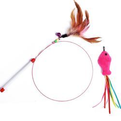 interactive 90cm cat teaser toy with replaceable head | feather bell, fish, rod, and wire for funny cat play